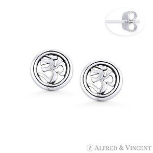 Om Aum Symbol & Double-Circle Stud Earrings in Oxidized .925 Sterling Silver